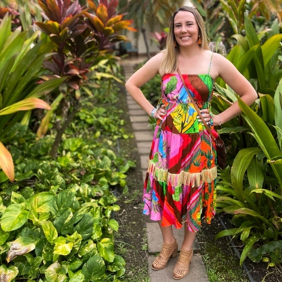 Farm Rio Anthropologie Palila Fringe Beaded Tassel Tiered Midi Dress - Picture 14 of 14